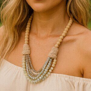 Handmade Beaded Necklace Matte Beige & Faceted Crystal – Boho Macrame Accent VGC